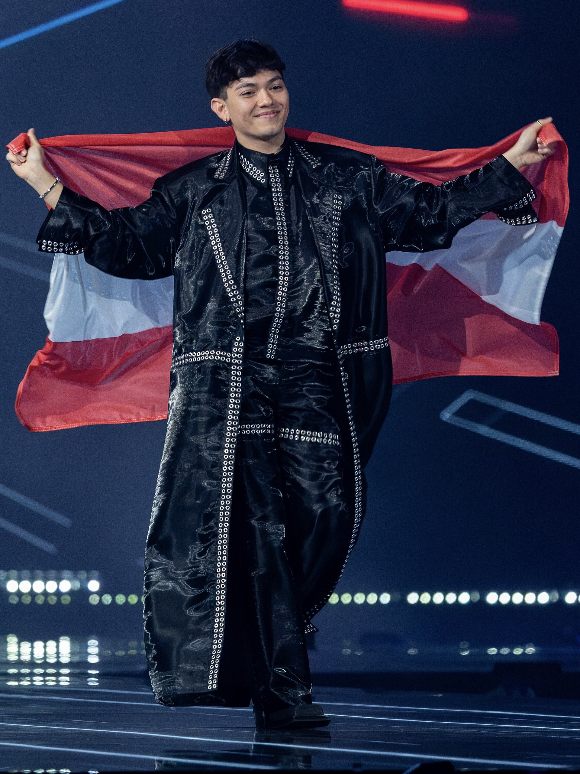 JJ, representing Austria, performing at Eurovision 2025 in Basel, Switzerland.