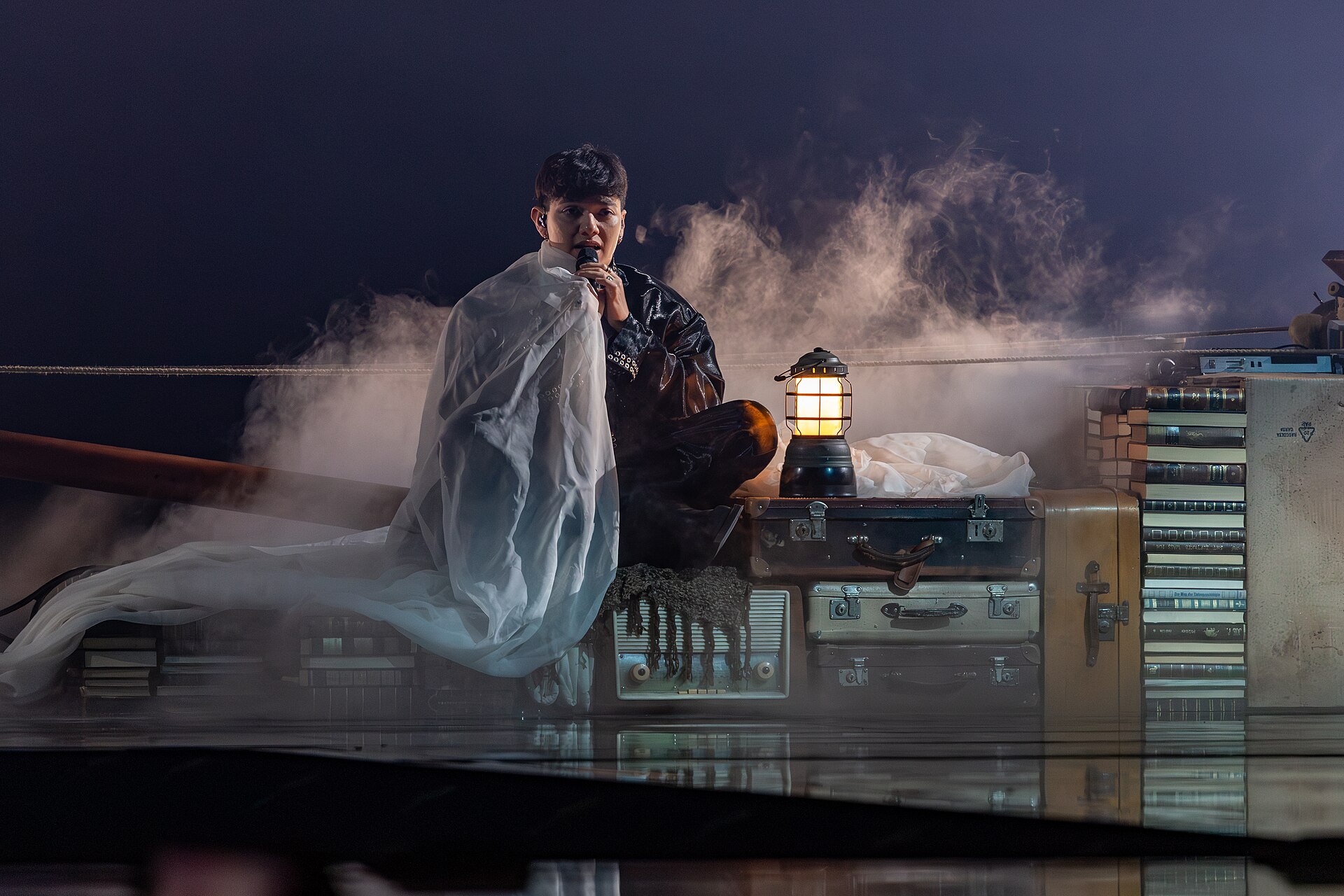 JJ, representing Austria, performing at Eurovision 2025 in Basel, Switzerland.