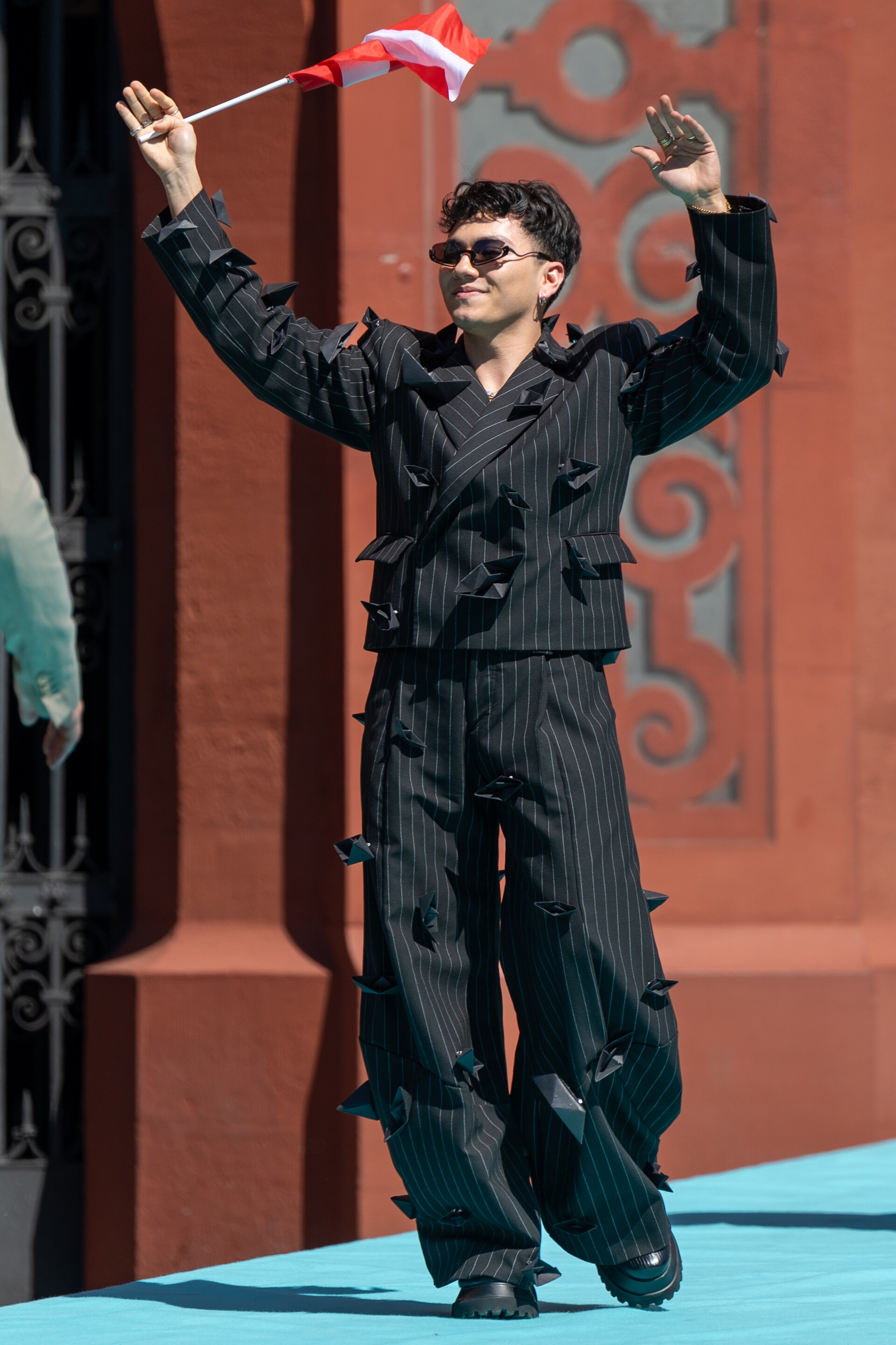 JJ, representing Austria, on the Turquoise Carpet at Eurovision 2025 in Basel, Switzerland.