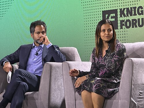 Jameel Jaffer and Maryana Iskander speaking at the 2025 Knight Media Forum in Miami, Florida in February 2025