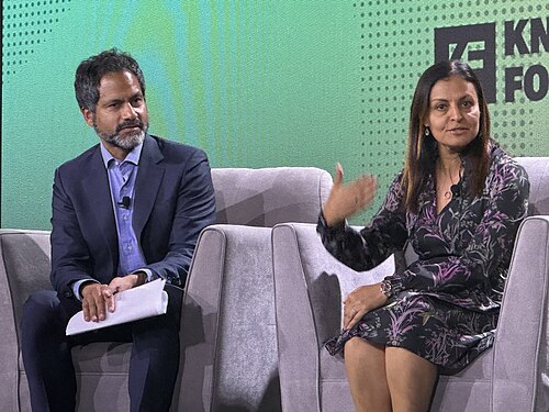 Jameel Jaffer and Maryana Iskander speaking at the 2025 Knight Media Forum in Miami, Florida in February 2025