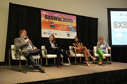 Jeff Turner, Chelsea Turner, Malaika Vaz, Elena Favilli (l-r), panel at SXSW 2025 in Austin, Texas. The Power of Storytelling for Climate Action.