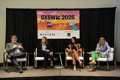 Jeff Turner, Chelsea Turner, Malaika Vaz, Elena Favilli (l-r), panel at SXSW 2025 in Austin, Texas. The Power of Storytelling for Climate Action.