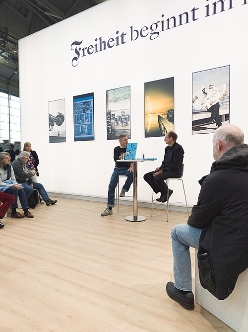 Jens Harder and Andreas Platthaus at FAZ booth during Frankfurt Book Fair 2025