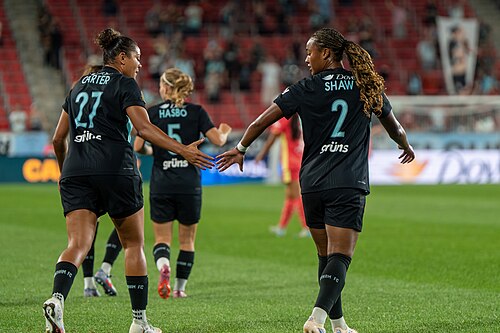 Jess Carter and Jaedyn Shaw during Gotham FC vs Portland Thorns FC on 26 Sep 2025