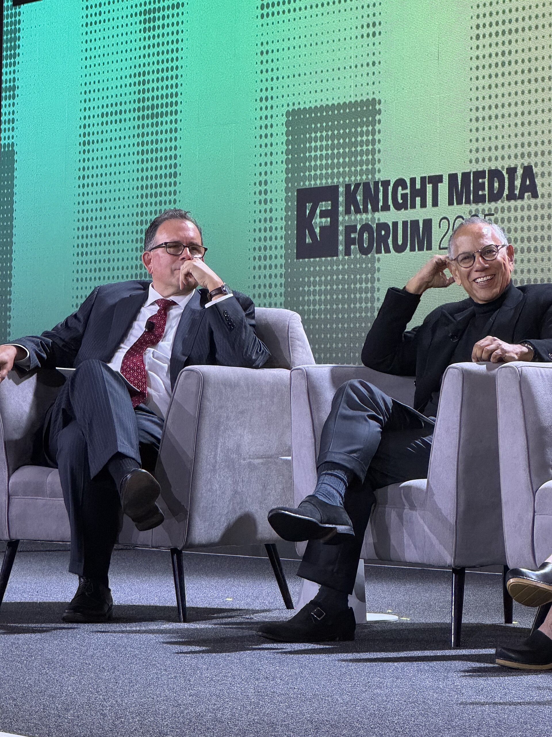 Jim Brady, VP of Journalism at Knight, and Dean Baquet, Former Executive Editor at The New York Times, speaking at the 2025 Knight Media Forum in Miami, Florida in February 2025