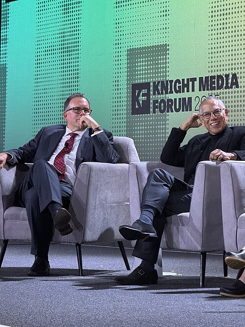 Jim Brady, VP of Journalism at Knight, and Dean Baquet, Former Executive Editor at The New York Times, speaking at the 2025 Knight Media Forum in Miami, Florida in February 2025