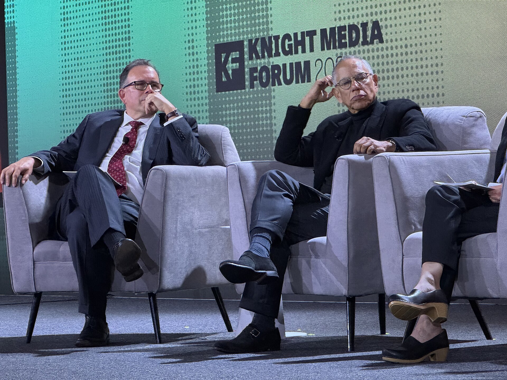 Jim Brady, VP of Journalism at Knight, and Dean Baquet, Former Executive Editor at The New York Times, speaking at the 2025 Knight Media Forum in Miami, Florida in February 2025