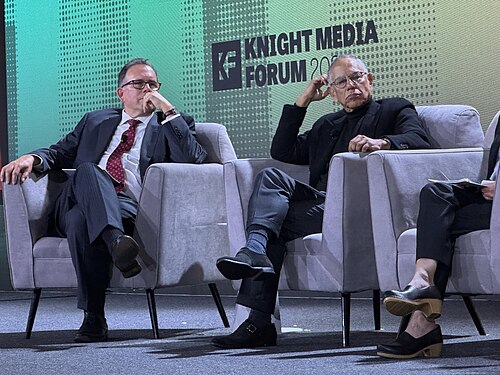Jim Brady, VP of Journalism at Knight, and Dean Baquet, Former Executive Editor at The New York Times, speaking at the 2025 Knight Media Forum in Miami, Florida in February 2025