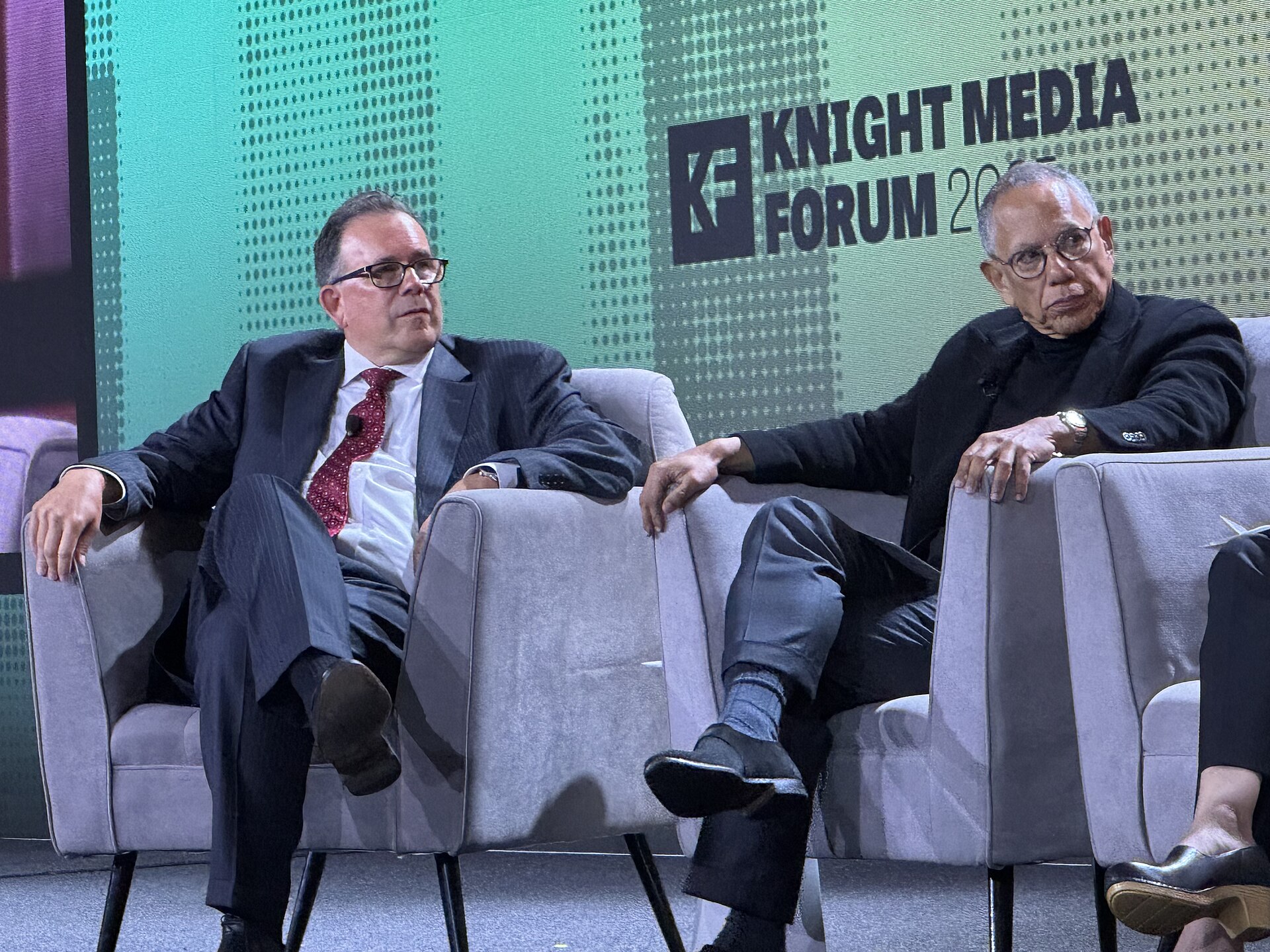 Jim Brady, VP of Journalism at Knight, and Dean Baquet, Former Executive Editor at The New York Times, speaking at the 2025 Knight Media Forum in Miami, Florida in February 2025
