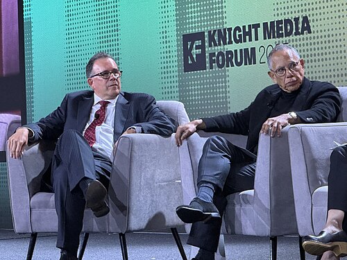 Jim Brady, VP of Journalism at Knight, and Dean Baquet, Former Executive Editor at The New York Times, speaking at the 2025 Knight Media Forum in Miami, Florida in February 2025