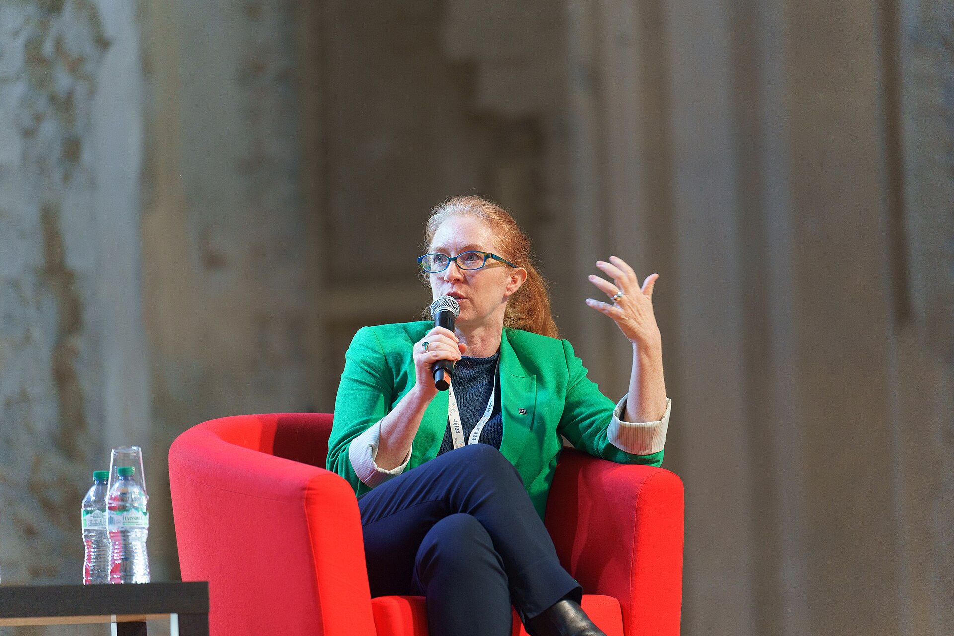 Jodie Ginsberg, CEO of the Committee to Protect Journalists, speaking at the International Journalism Festival 2024 in Perugia, Italy on a panel called The art of war reporting.
