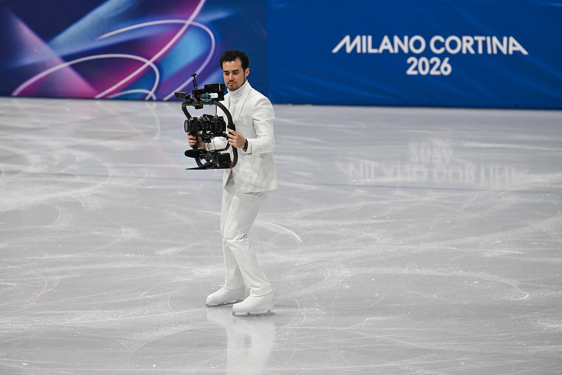 MILAN, ITALY - FEBRUARY 19: Camera man Jordan Cowan is live  during the Women's Single Skating on day thirteen of the Milano Cortina 2026 Winter Olympic games at Milano Ice Skating Arena on February 19, 2026 in Milan, Italy.