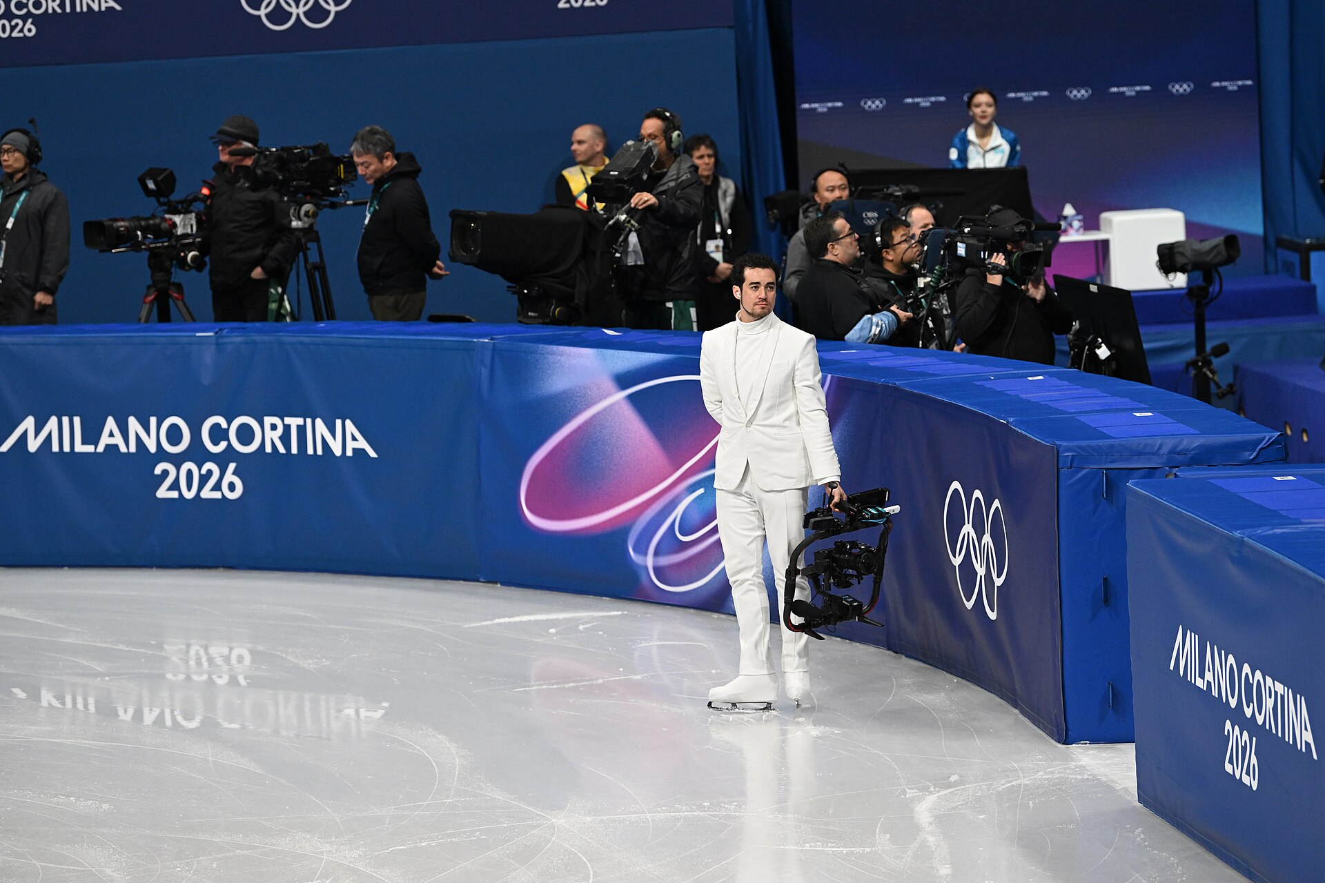 MILAN, ITALY - FEBRUARY 19: Camera man Jordan Cowan is live  during the Women's Single Skating on day thirteen of the Milano Cortina 2026 Winter Olympic games at Milano Ice Skating Arena on February 19, 2026 in Milan, Italy.