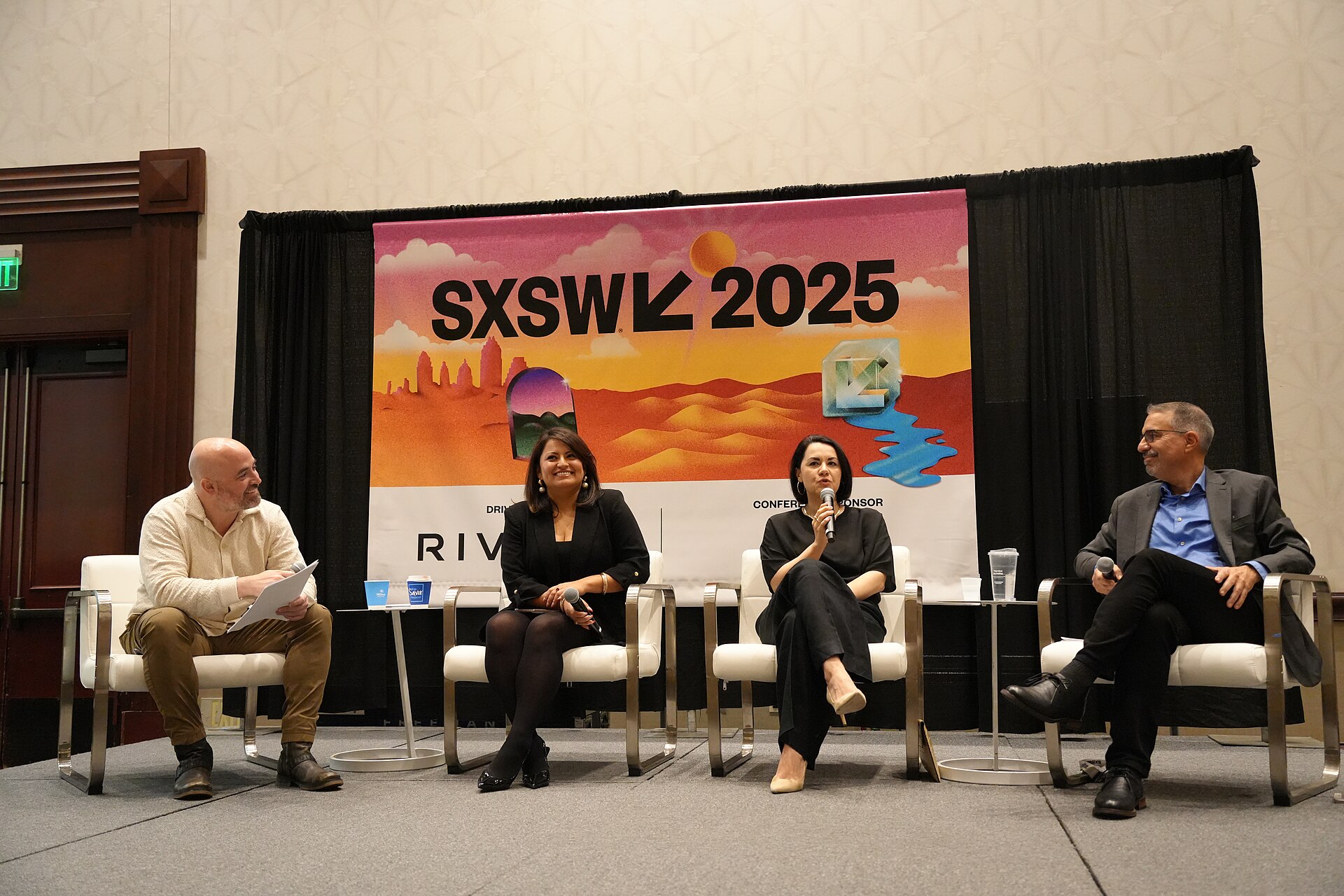 Jose Morey, Lili Gangas, Nora Benavidez, Brian Gonzalez (l-r), panel at SXSW 2025 in Austin, Texas. Building Responsible Tech with the Latinx Community.