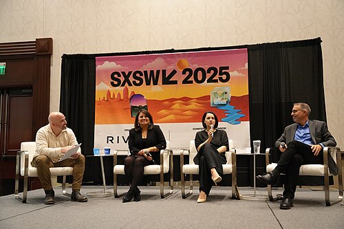 Jose Morey, Lili Gangas, Nora Benavidez, Brian Gonzalez (l-r), panel at SXSW 2025 in Austin, Texas. Building Responsible Tech with the Latinx Community.