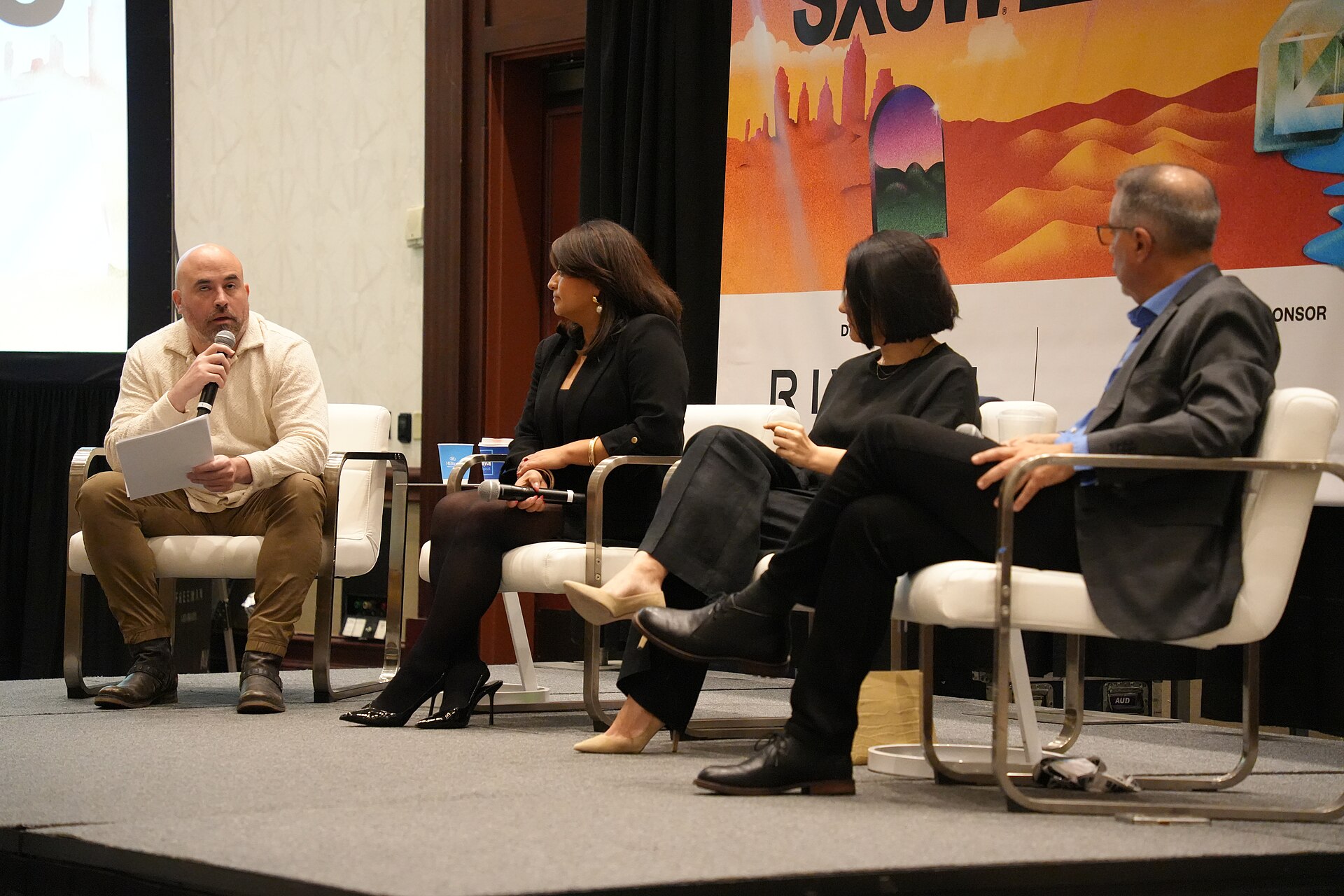 Jose Morey, Lili Gangas, Nora Benavidez, Brian Gonzalez (l-r), panel at SXSW 2025 in Austin, Texas. Building Responsible Tech with the Latinx Community.
