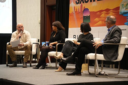 Jose Morey, Lili Gangas, Nora Benavidez, Brian Gonzalez (l-r), panel at SXSW 2025 in Austin, Texas. Building Responsible Tech with the Latinx Community.