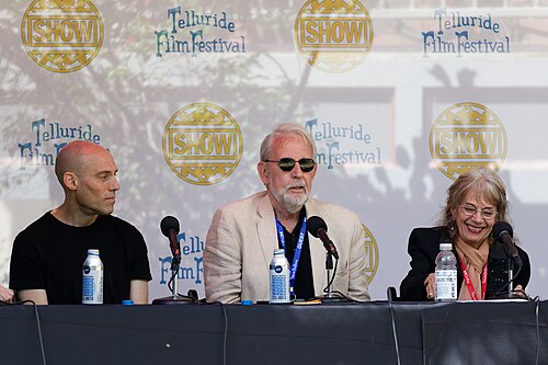 Joshua Oppenheimer, Walter Murch, and Annette Insdorf at the 2024 Telluride Film Festival during the Saturday Noon Seminar panel discussion.