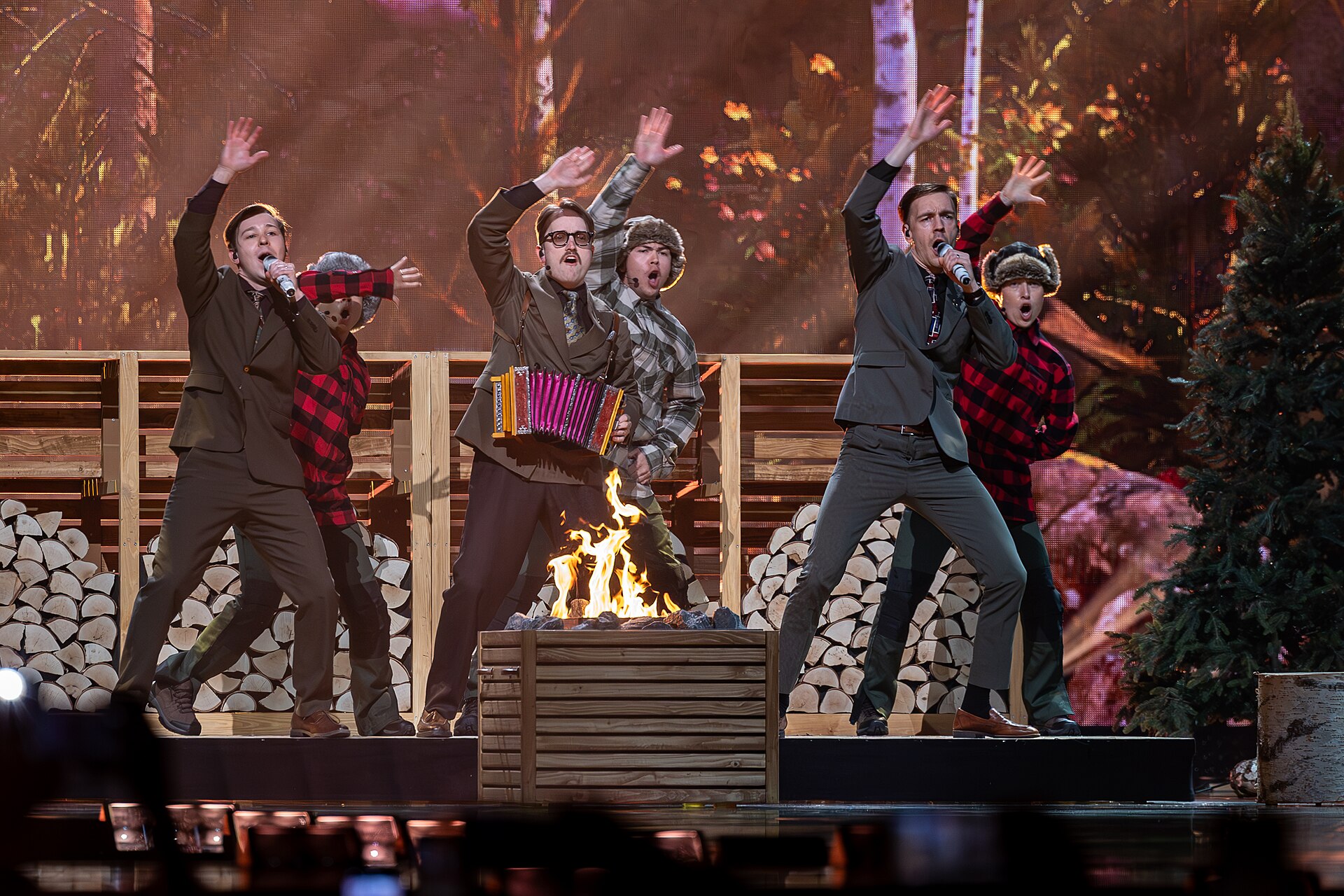 KAJ, representing Sweden, performing at Eurovision 2025 in Basel, Switzerland.