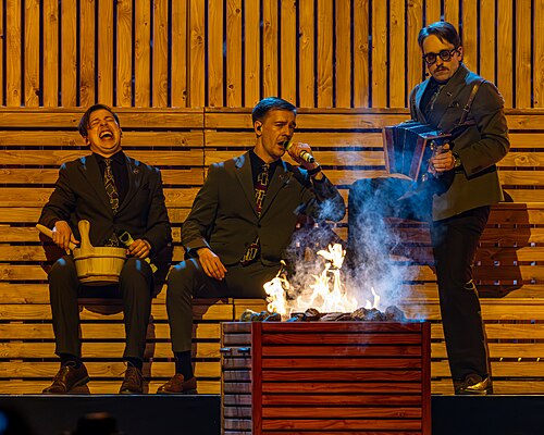 KAJ, representing Sweden, performing at Eurovision 2025 in Basel, Switzerland.