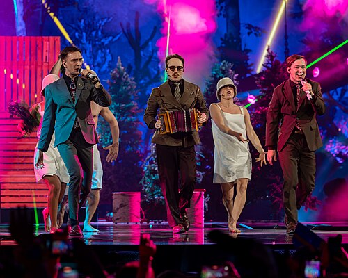 KAJ, representing Sweden, performing at Eurovision 2025 in Basel, Switzerland.