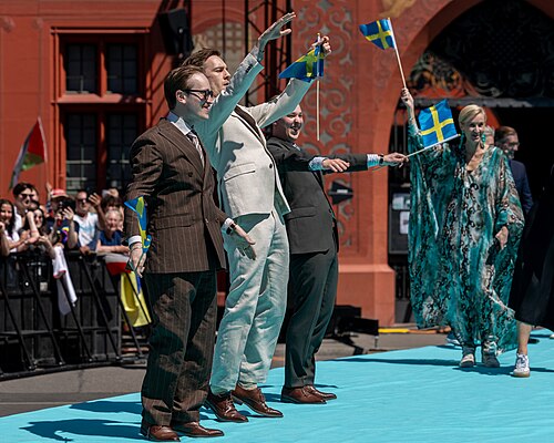 KAJ, representing Sweden, on the Turquoise Carpet at Eurovision 2025 in Basel, Switzerland.