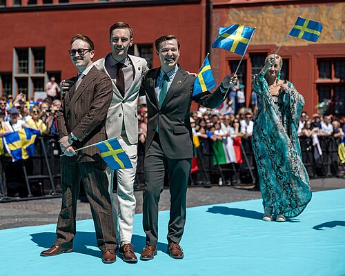 KAJ, representing Sweden, on the Turquoise Carpet at Eurovision 2025 in Basel, Switzerland.