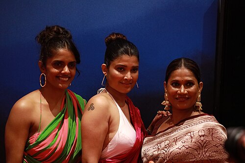 Kani Kusruti, Divya Prabha, and Chhaya Kadam at the 2024 Cannes Film Festival closing press conference for their film All We Imagine as Light.