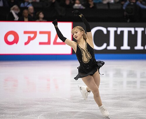 Kaori Sakamoto, Japanese figure skater, at the 2025 World Figure Skating Championships at TD Garden in Boston, Massachusetts.