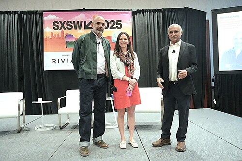Karim Lakhani, Jennifer Stave, Shikhar Ghosh (l-r) panel at SXSW 2025 in Austin, Texas. Our AI-Driven World: A Utopian Dream or Dystopian Nightmare?.