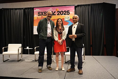 Karim Lakhani, Jennifer Stave, Shikhar Ghosh (l-r) panel at SXSW 2025 in Austin, Texas. Our AI-Driven World: A Utopian Dream or Dystopian Nightmare?.