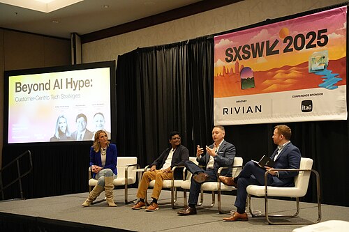 Kellyn Smith Kenny, Prat Vemana, Jason Birnbaum, Steven Norton (l-r), panel, at the 2025 South by Southwest festival. Panel: "Beyond AI Hype: Customer-Centric Tech Strategies"