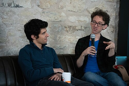 Kevin Payravi & SJ Klein at Wikihaus at SXSW 2025 in Austin, Texas on a panel called AI Inbound: What roles do machines play in Wikipedia’s human-centric world?.