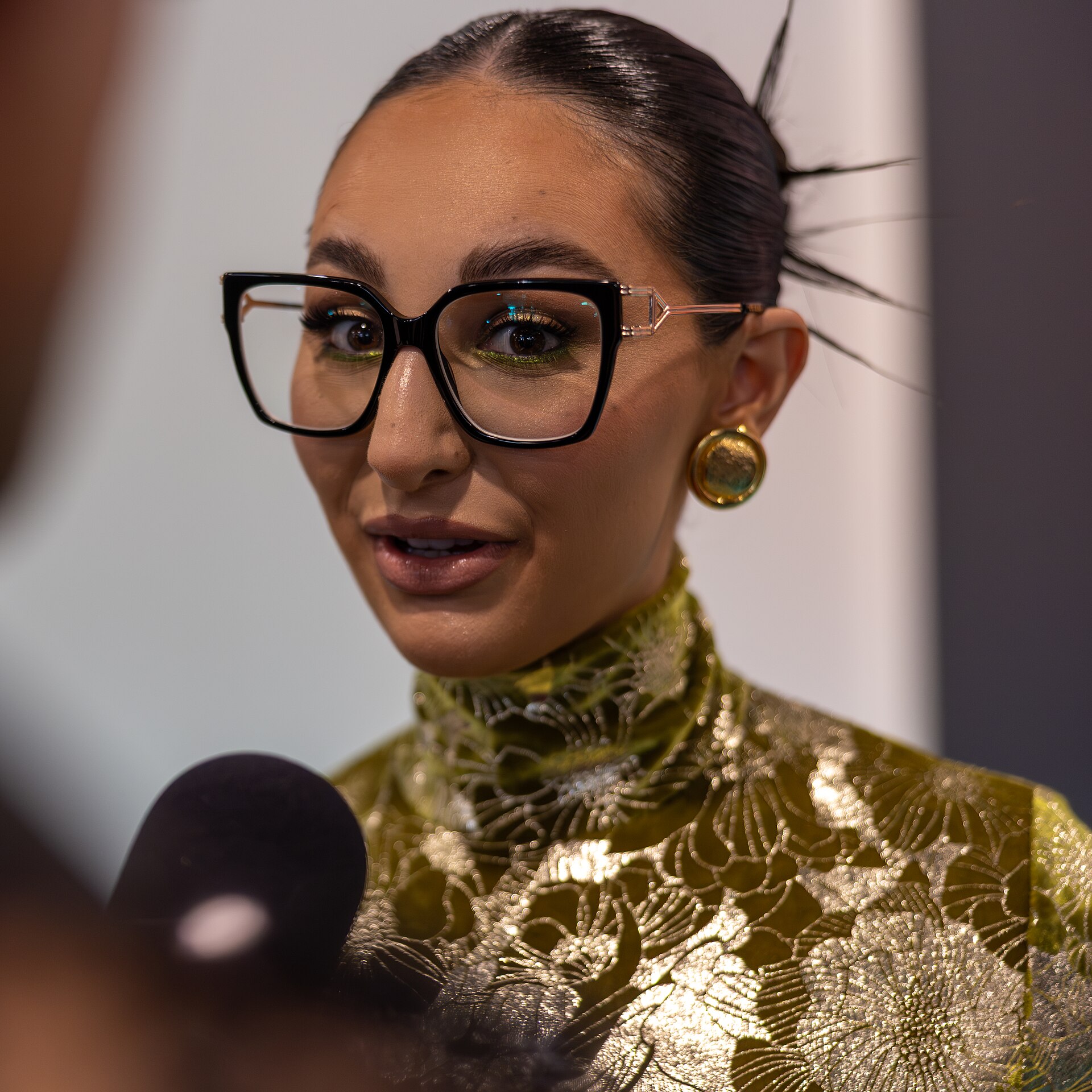 Klavdia, representing Greece, being interviewed at Eurovision 2025 in Basel, Switzerland.