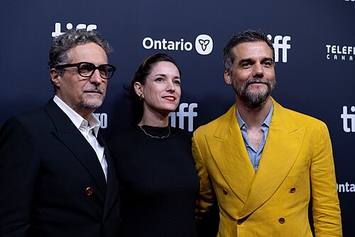 Kleber Medonça, Emilie Lesclaux, and Wagner Moura, director, producer, and actor, respectively, at the 2025 Toronto International Film Festival (TIFF) for the movie Secret Agent.