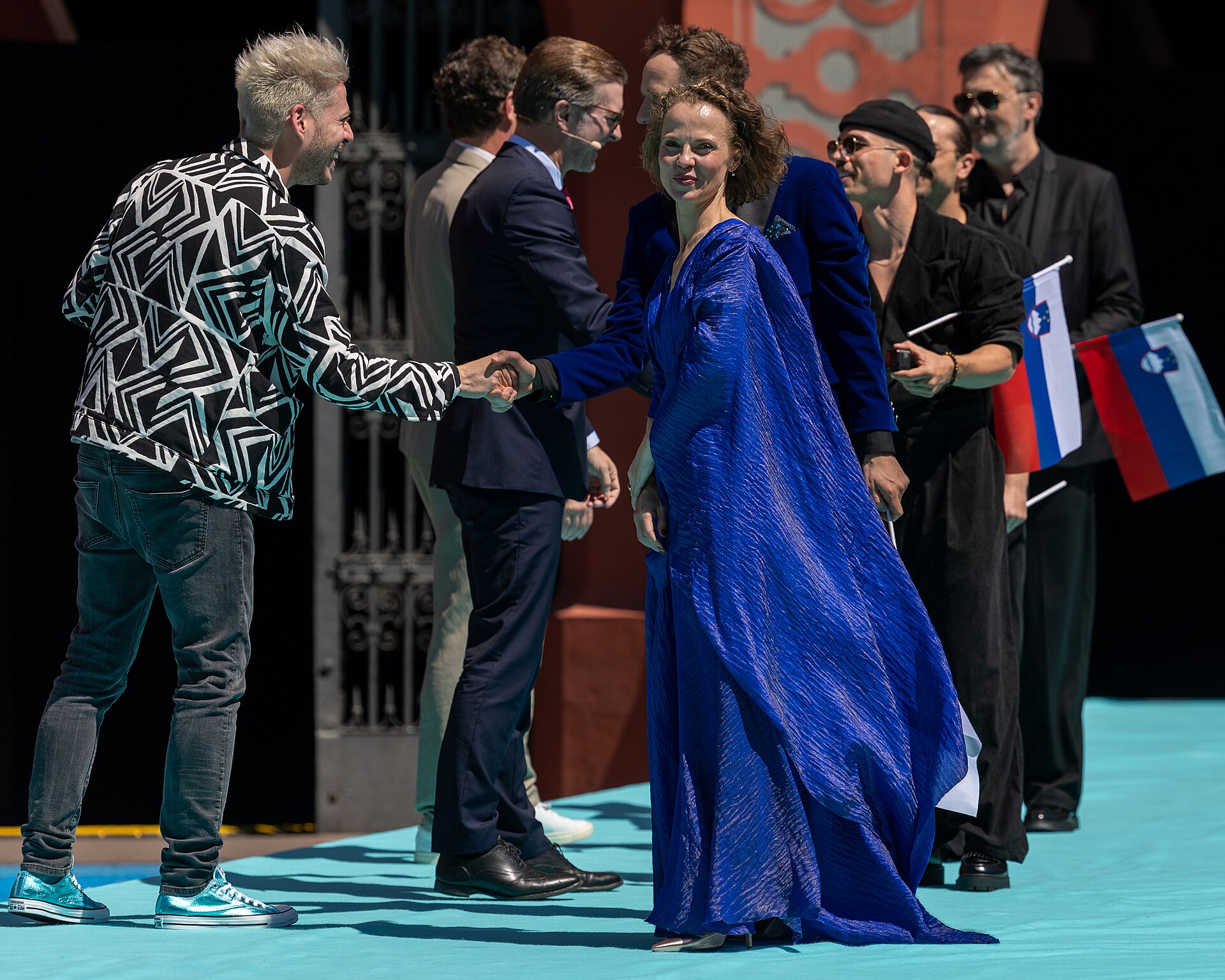 Klemen, representing Slovenia, on the Turquoise Carpet at Eurovision 2025 in Basel, Switzerland.