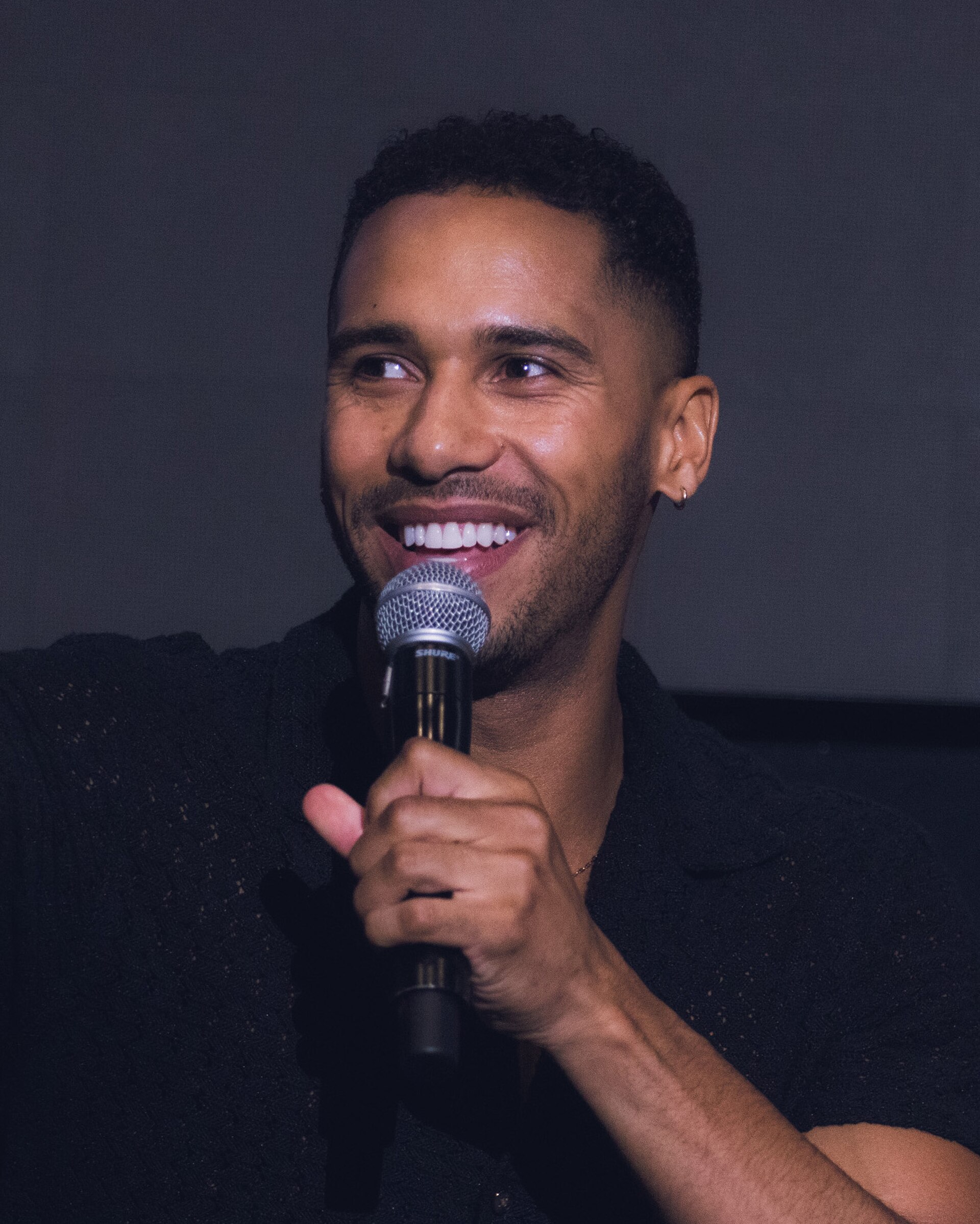 Elliot Knight speaking during a Countdown Q&A panel at the Culver Theater in Culver City, California.