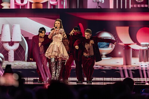 Laura Thorn, representing Luxembourg, performing at Eurovision 2025 in Basel, Switzerland.