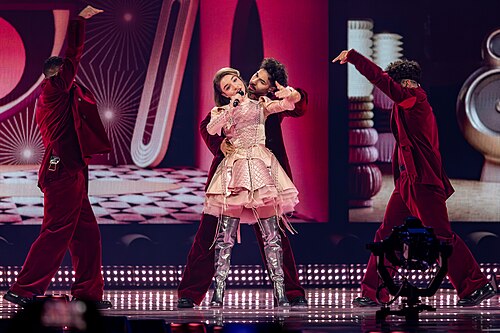 Laura Thorn, representing Luxembourg, performing at Eurovision 2025 in Basel, Switzerland.