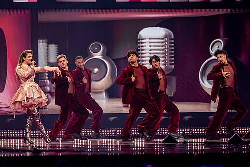 Laura Thorn, representing Luxembourg, performing at Eurovision 2025 in Basel, Switzerland.