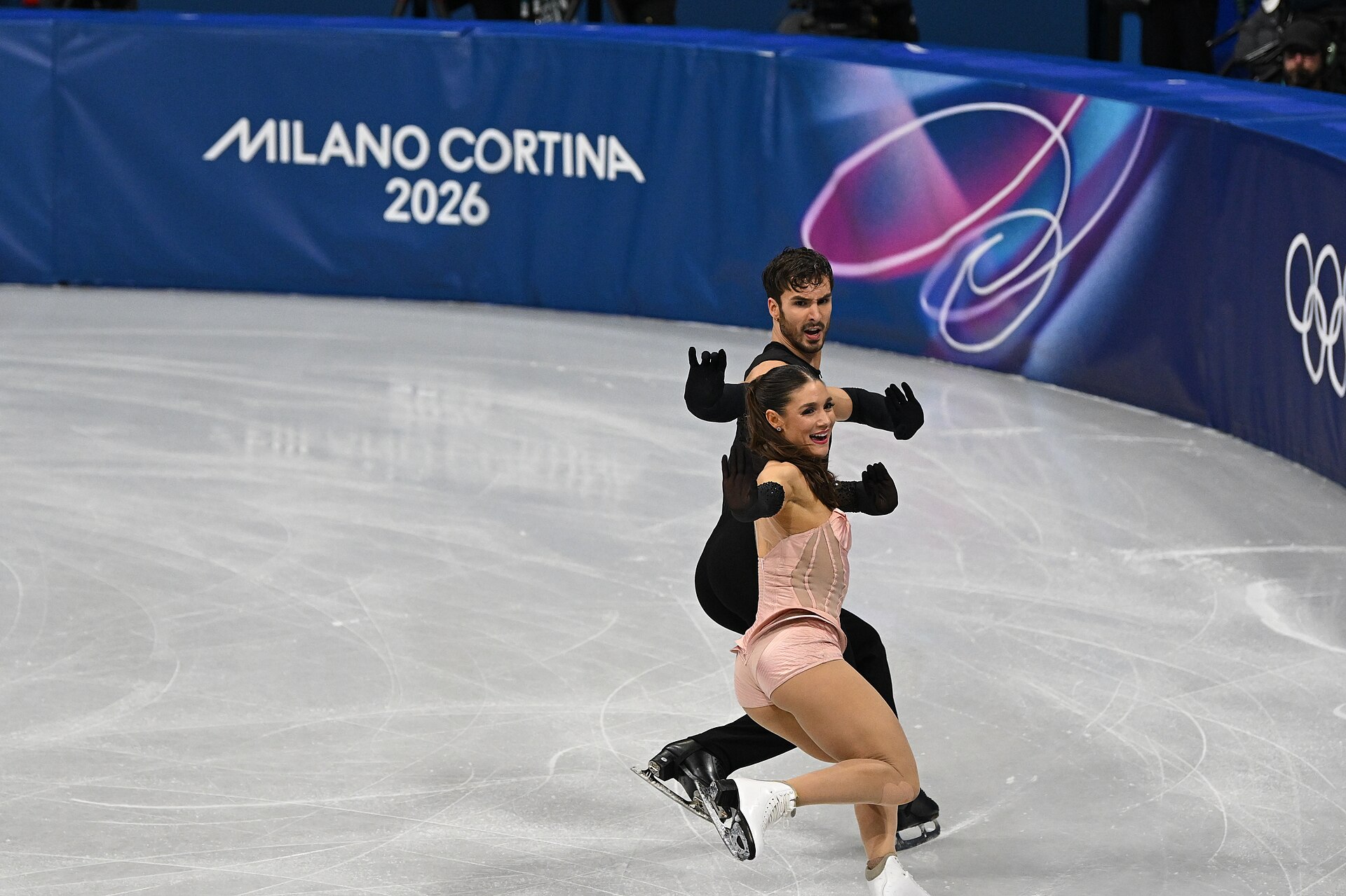 MILAN, ITALY - 09 FEBRUARY 2026: Laurence Fournier Beaudry and Guillaume Cizeron of France compete during the Figureskating ice dance rhythm dance at the Olympic Winter Games Milano Cortina 2026 Milano Ice Skating Arena on February 09, 2026 in Milan, Italy