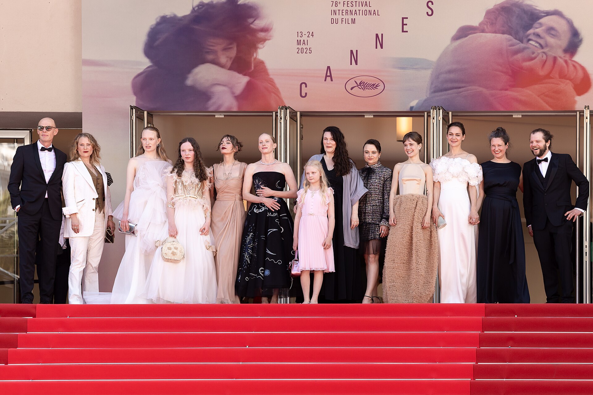 Lucas Schmidt, Maren Schmitt, Luzia Oppermann, Laeni Geiseler, Greta Krämer, Susanne Wuest, Hanna Heckt, Mascha Schilinski, Lena Urzendowsky, Lea Drinda, Luise Heyer, Louise Peter and Fabian Gamper presenting the movie Sound of Falling at the 2025 Cannes Film Festival