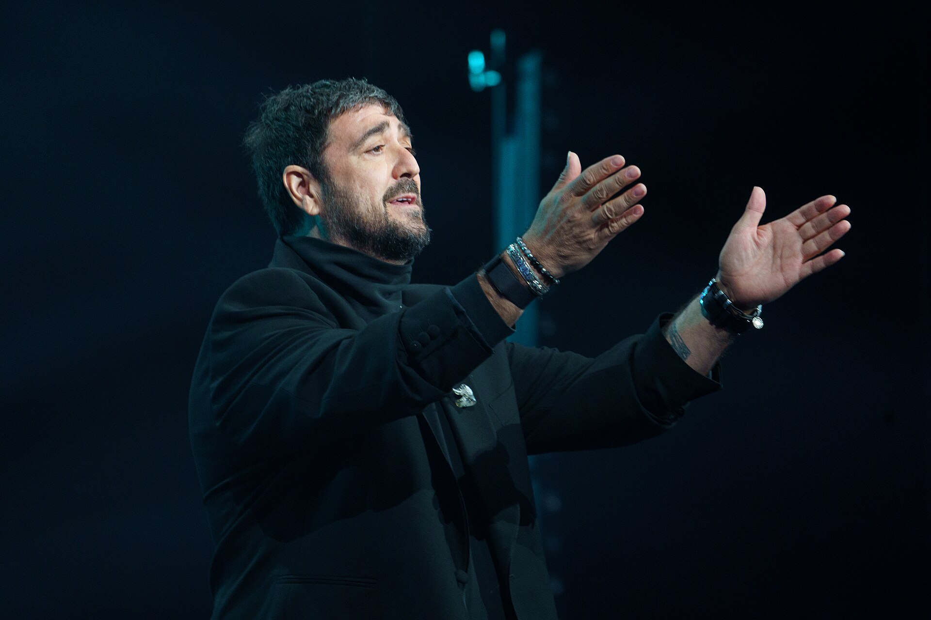 Antonio Orozco on stage during the opening gala of the Malaga Festival at the Cervantes Theater