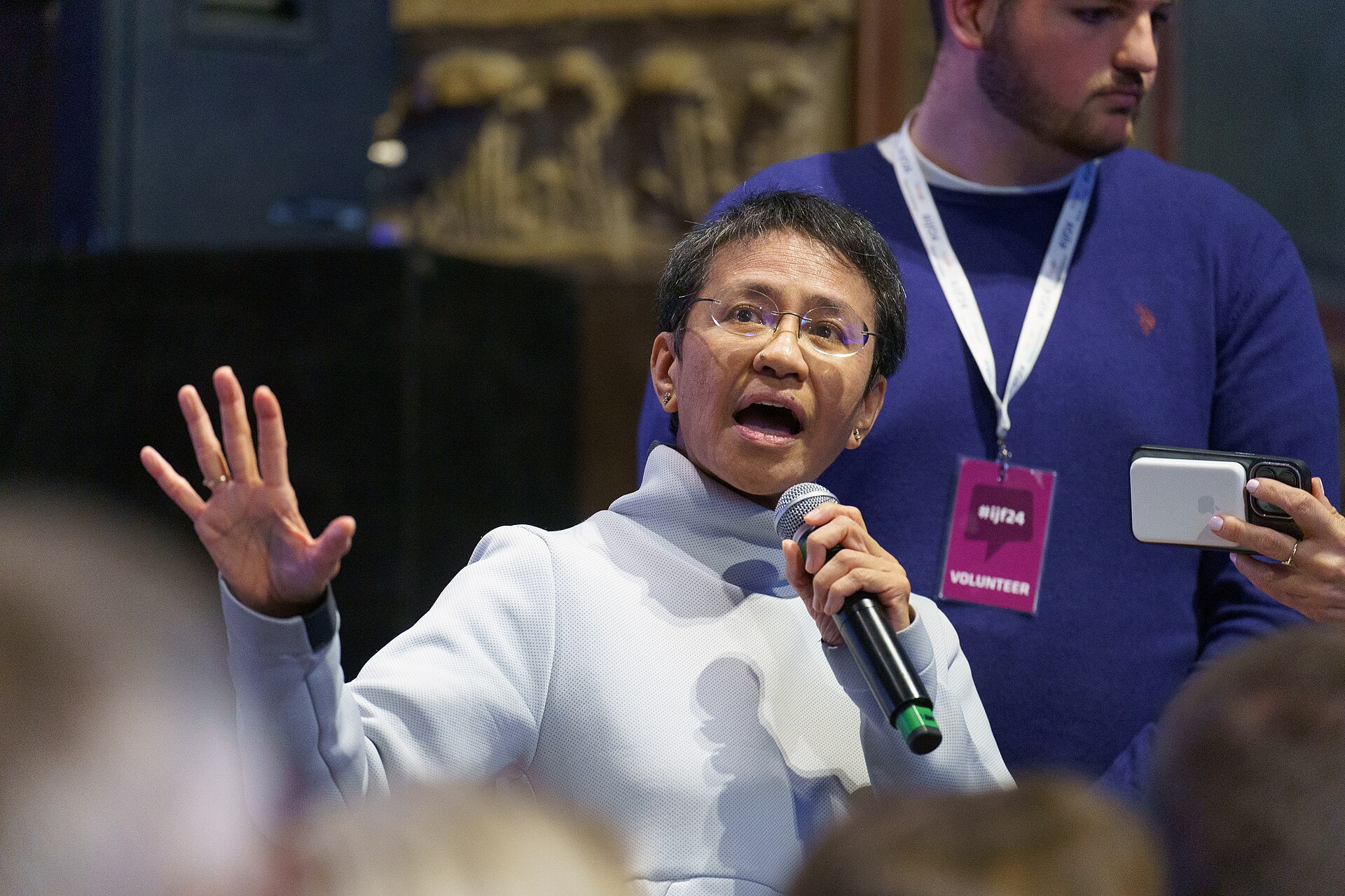 Maria Ressa, Co-Founder and CEO of Rappler, asking a question at the International Journalism Festival 2024 in Perugia, Italy at a panel called What went wrong between Big Tech and the News? And did anything go right?.