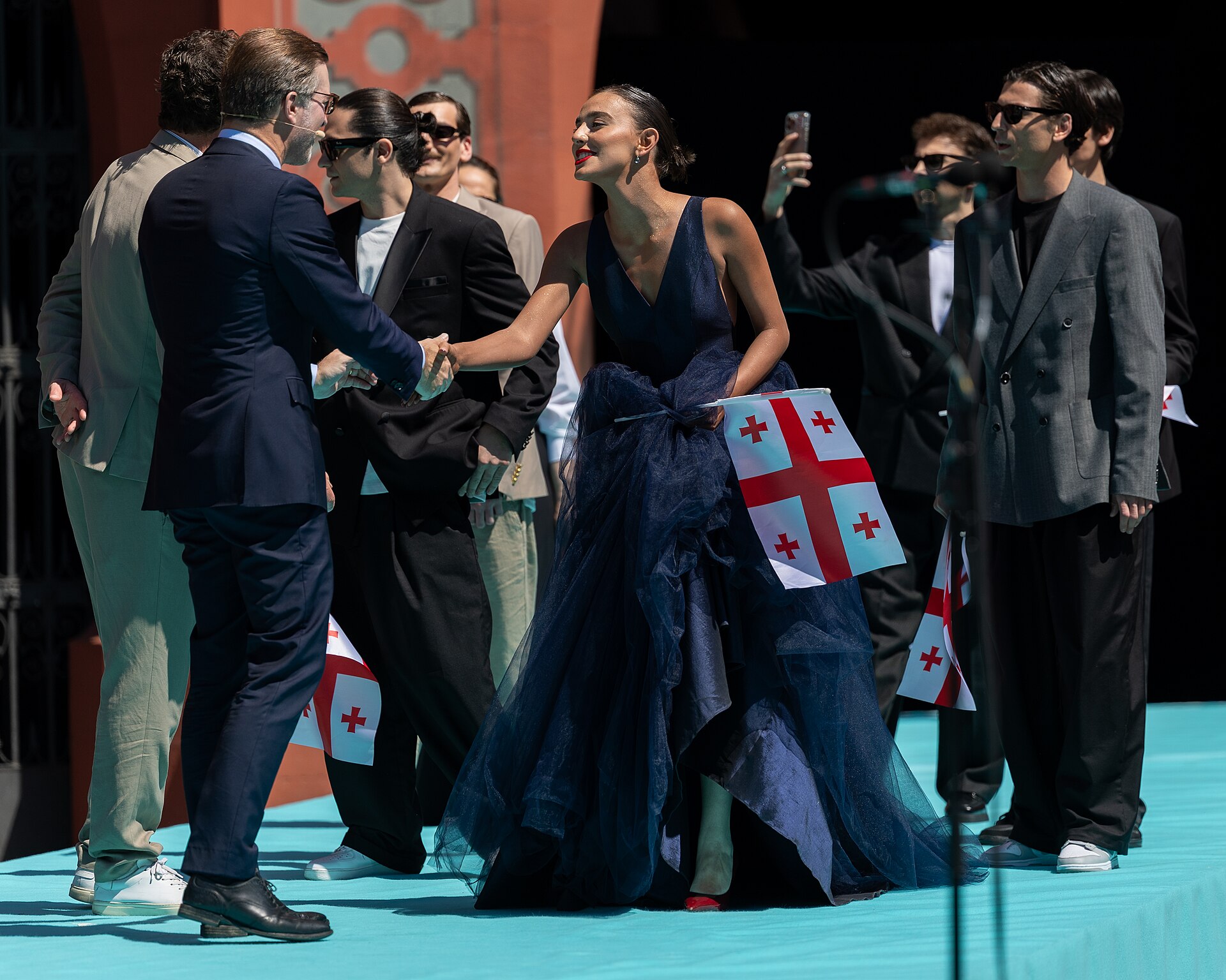 Mariam Shengelia, representing Georgia, on the Turquoise Carpet at Eurovision 2025 in Basel, Switzerland.