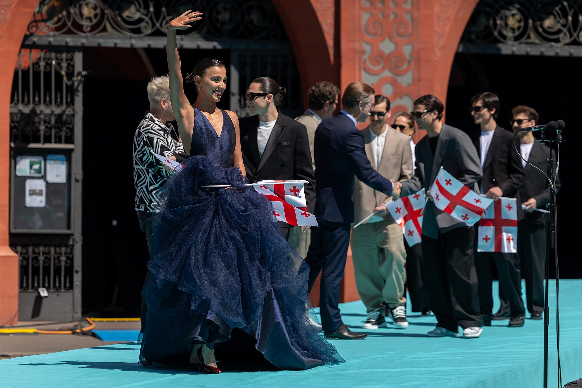 Mariam Shengelia, representing Georgia, on the Turquoise Carpet at Eurovision 2025 in Basel, Switzerland.