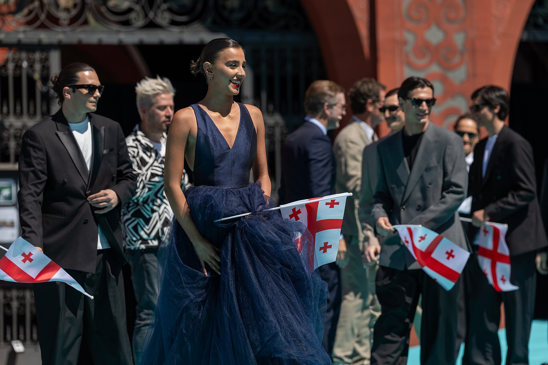 Mariam Shengelia, representing Georgia, on the Turquoise Carpet at Eurovision 2025 in Basel, Switzerland.