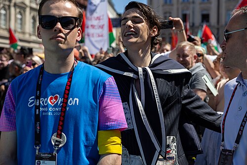 Marko Bošniak, representing Croatia, on the Turquoise Carpet at Eurovision 2025 in Basel, Switzerland.