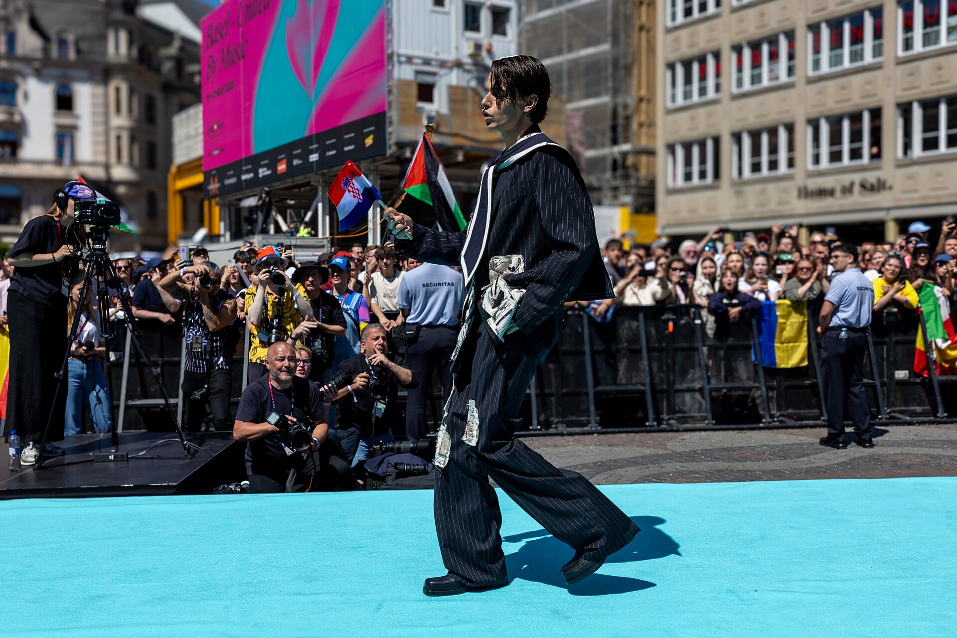 Marko Bošniak, representing Croatia, on the Turquoise Carpet at Eurovision 2025 in Basel, Switzerland.